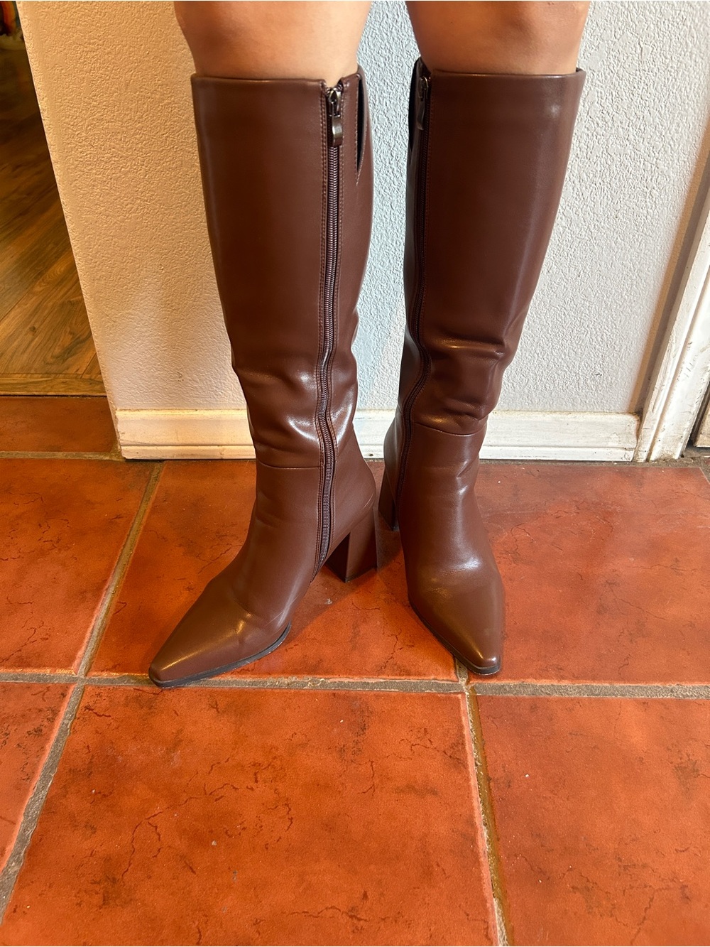 Women's Brown Pointed-Toe Knee Boots with Block Heel